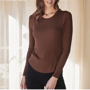 Shebird Aspen Ribbed Long Sleeve Bra Top Crew Neck Brown Ribbed 2